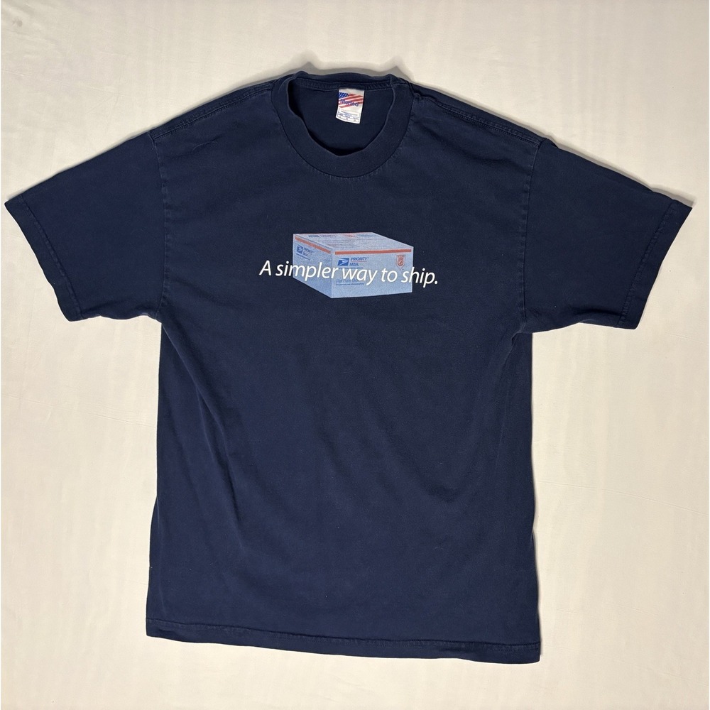 Vintage USPS Priority Shipping A Simpler Way To Ship Promo T Shirt Blue Size LRG